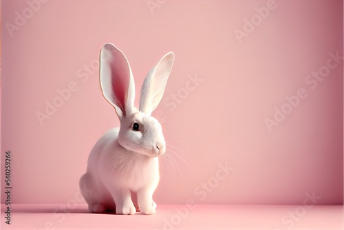 White Easter Bunny Rabbit Isolated On Pink Pastel Background. Generative AI-. © Henry Letham