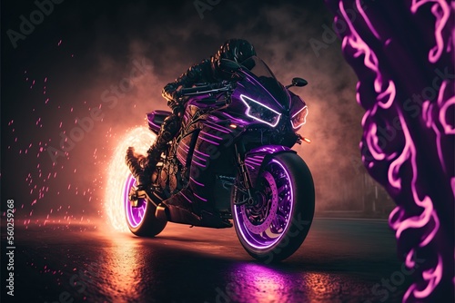 Motorcycle in black and purple highlights  rider racing fast with motion effects. Generative AI.