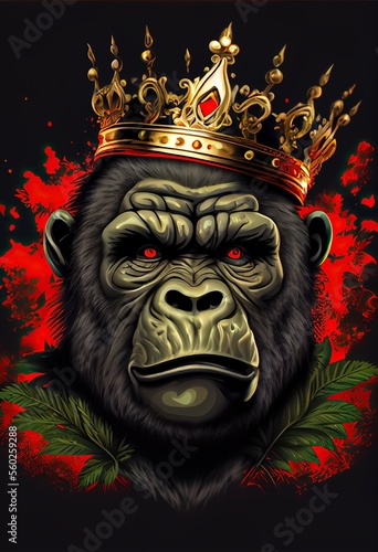 Canvas-taulu Gorilla king with red eyes and a golden crown on his head, cartoon style