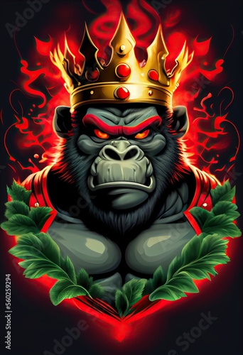 Gorilla king with red eyes and a golden crown on his head, cartoon style. Generative AI.