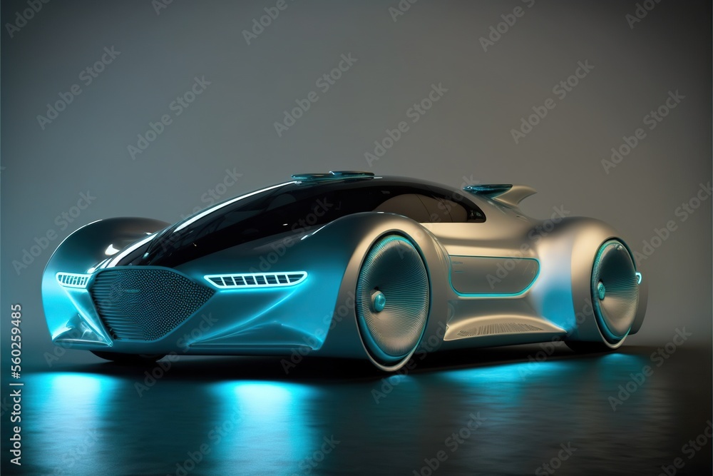 Futuristic sci-fi vehicle prototype, aqua blue LED NEON headlights, utopian future. Generative AI.