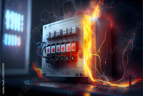 Fire in electical panel fuse box. Generative AI. photo