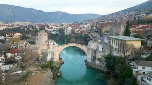 Mostar old town aerial skyline view fly over old bridge mostar bosnia and herzegovina