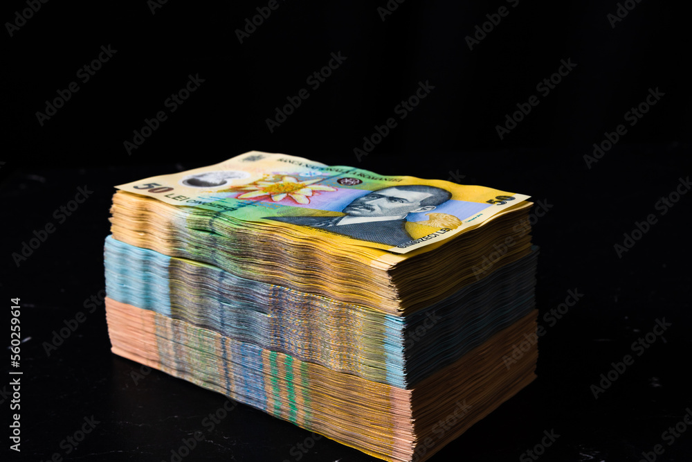 Obraz premium Stack of LEI Romanian money. RON Leu Money European Currency