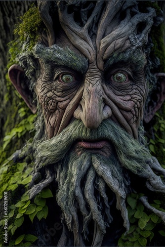Old gnarled anthropomorphic tree. Human eyes, wooden lips, bark skin, moss beard. Generative AI.