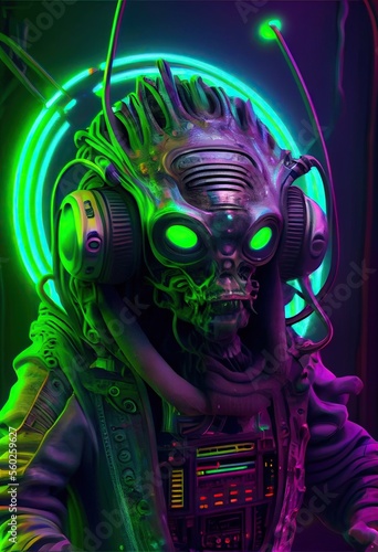 Neon alien, dressed like a raver, next to a glowing green nuclear reactor, Generative AI art