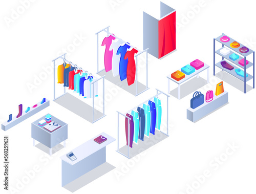 Customer choosing clothes in store. Shop assistant consultant helps buyer to choose product during shopping. Purchaser service in mall. People stand near hangers with clothes in store or boutique