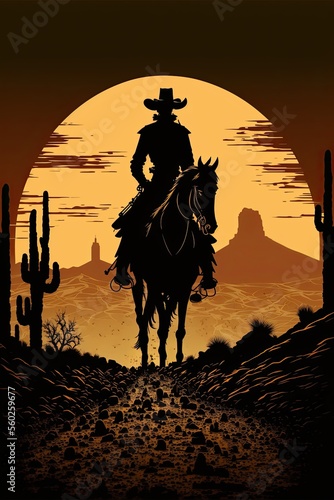 Silhouette of a lone outlaw riding into town  western  desert background. Cartoon style. Generative AI.