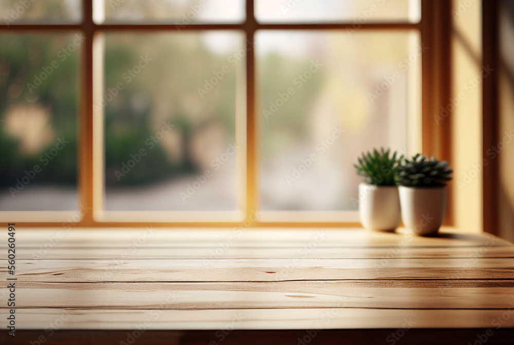Window board  top. Wooden desk or board with blur home window background for display food product. Generative Ai 