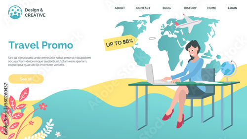 Travel promo banner vector illustration. Template with profitable proposition of discount up to 50 percent with limited time offer in flat style design. Tourism concept. Sales season in travel agency