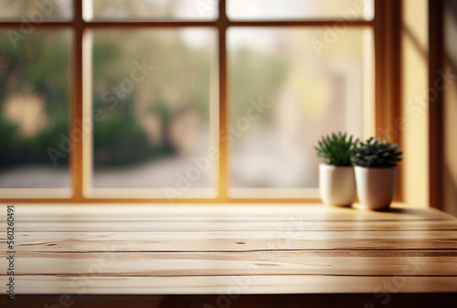 Window board top. Wooden desk or board with blur home window background for display food product. Generative Ai 