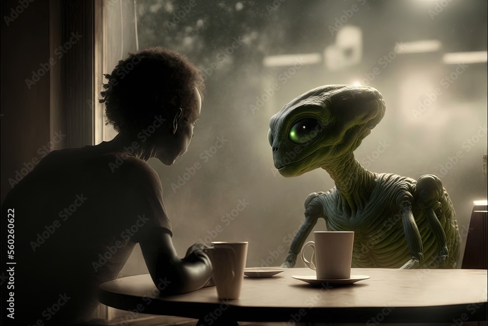 Alien sitting in front of a human. Cinematic scene of an