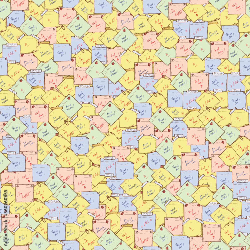 Sticky notes Vector Seamless pattern. Sticky notes with wishes. Hand