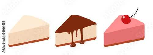 Cheesecake slices set with different toppings. Fruits, cherry and chocolate syrup, vanilla and glazed. Isolated vector illustration on background.
