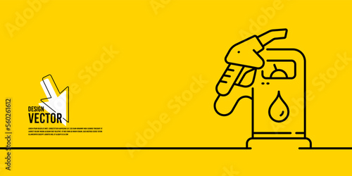 Gasoline pump nozzle banner. Fuel pump petrol station icon. Refuel service illustration. Petrol refuel station yellow background. Expensive diesel fuel. Continuous line banner. Vector