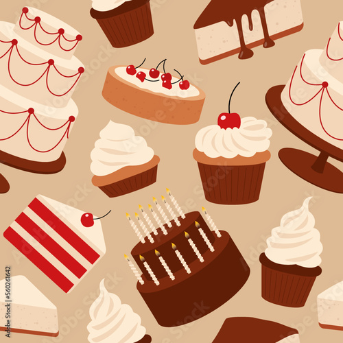 Seamless pattern with delicious desserts, pastries, cupcakes, birthday cakes with celebration candles and chocolate slices. Set of colorful cartoon vector illustrations isolated on background