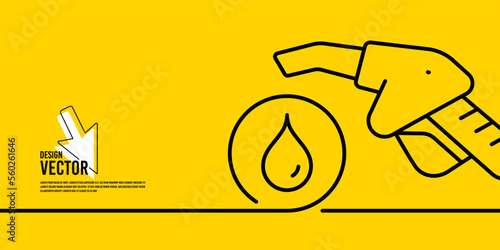 Gasoline pump nozzle yellow banner. Fuel pump petrol station icon. Refuel service illustration. Petrol refuel yellow background. Expensive diesel fuel. Continuous line banner. Vector