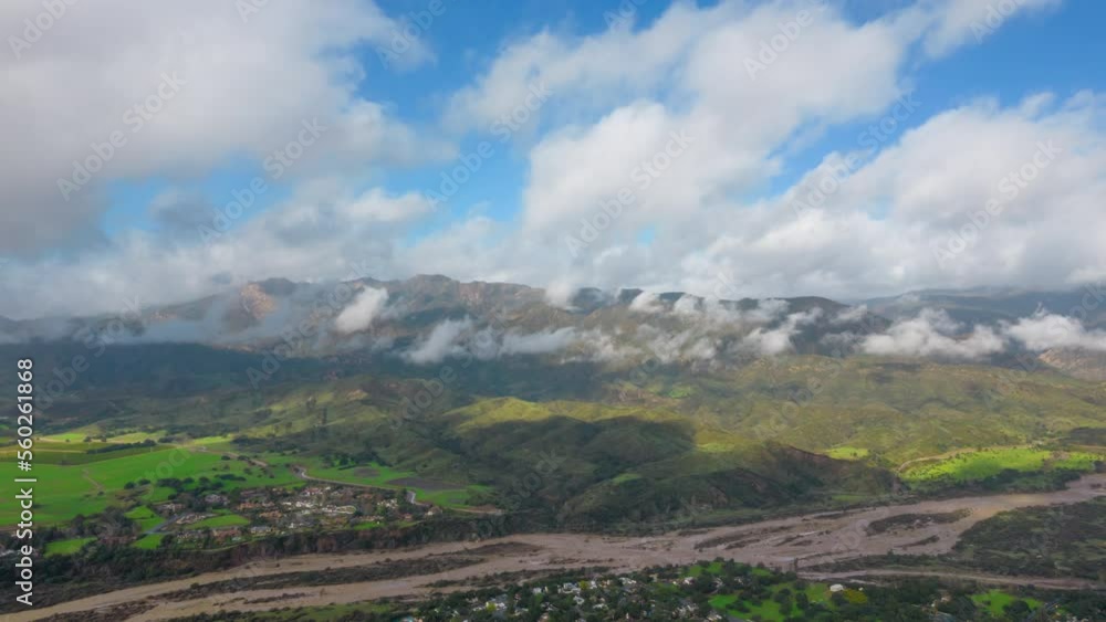 Flooded River, Ojai, California, Ventura River disaster Rain Storm Aerial Hyperlapse after storm Time Lapse Flooded River, Ojai, California, Ventura River disaster Rain Storm Aerial Hyperlapse after storm Time Lapse