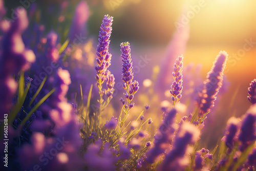 Adorable summer landscape with lavender flower field, Generative AI