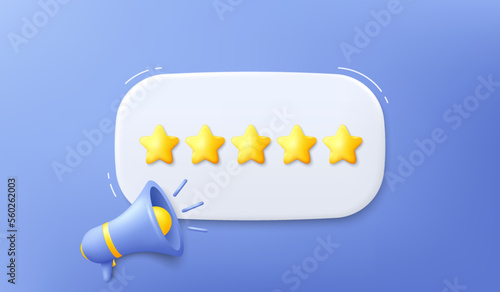 3d megaphone speaker for announce promotion. Customer feedback message frame. Propaganda equipment banner. Offer promotion bubble with megaphone. 3d rating stars icon. Vector