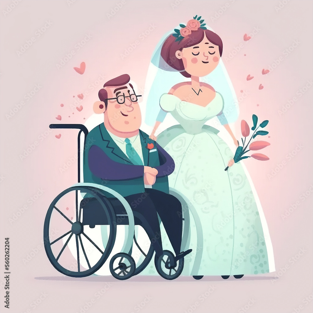 Disabled bride and groom couple getting married in a wheelchair, wedding dress and tuxedo, married couple in love. Marriage customs, traditions Disabled bride and groom couple getting married in a wheelchair, wedding dress and tuxedo, married couple in love. Marriage customs, traditions