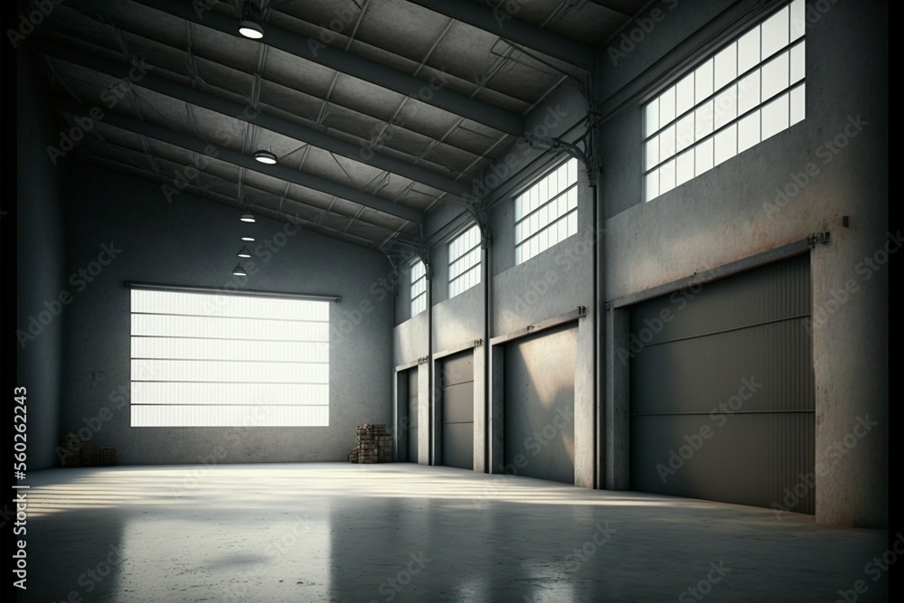 Modern Workshop and Car Garage in a Grunge Studio Showroom: 3D Rendering of a Huge Empty Steel Concrete Hangar Warehouse Barn with Daylight Windows - Generated by AI Modern Workshop and Car Garage in a Grunge Studio Showroom: 3D Rendering of a Huge Empty Steel Concrete Hangar Warehouse Barn with Daylight Windows - Generated by AI
