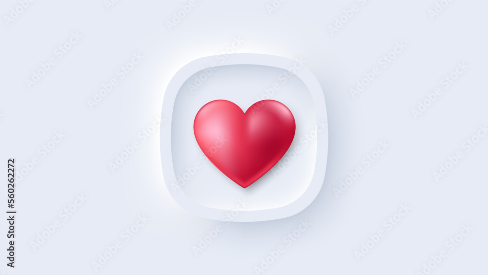 3d heart button. Love shape icon. Valentine day or Mother day decoration. Cute 3d heart. Romantic love shape. Best or favorite icon. Social media like neumorphic button. Vector