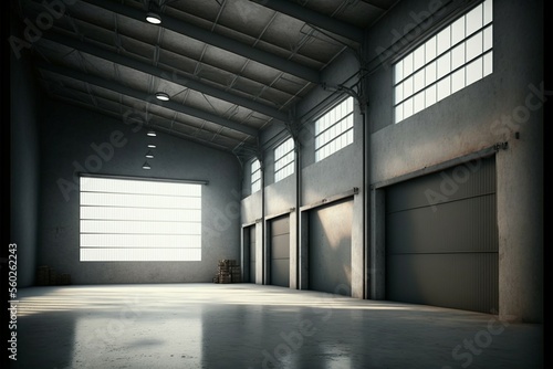 Modern Workshop and Car Garage in a Grunge Studio Showroom  3D Rendering of a Huge Empty Steel Concrete Hangar Warehouse Barn with Daylight Windows - Generated by AI