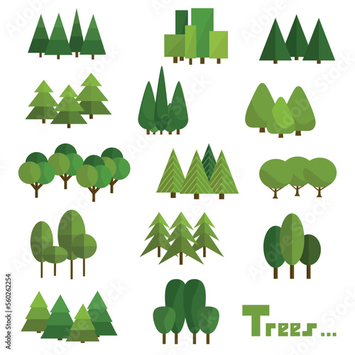 Trees isolated on white background. Beautiful set of vector green trees in group.
