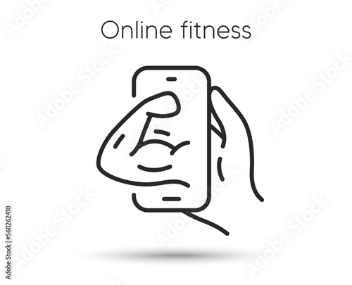 Fitness training line icon. Live coach sign. Mobile phone online exercise app symbol. Illustration for web and mobile app. Line style fitness app icon. Editable stroke strong arm. Vector