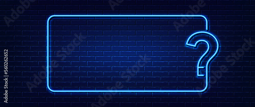 Neon quiz frame for decoration on the wall background. Question mark frame background. Game announcement neon message. Quiz trivia game competition. Answer question, Examination test. Vector photo