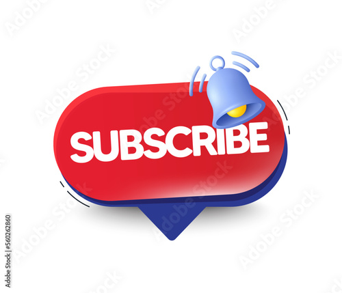 Subscribe button with ring bell icon. Promotion offer speech bubble with alert symbol. Premium subscribe banner. Subscription alert button. 3d bell notification announcement. Vector