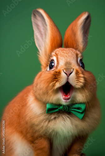Very surprised bunny, Easter again? What! Fluffy ginger rabbit wearing a bow-tie on a green background. Illustration, generative ai © Caphira Lescante
