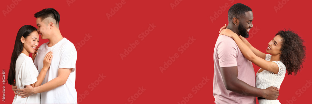 Banner with happy young couples in love on red background with space for text. Valentine's Day Banner with happy young couples in love on red background with space for text. Valentine's Day