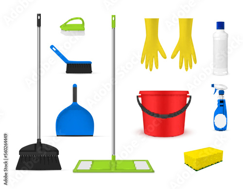 Home cleaning equipment set realistic vector illustration.