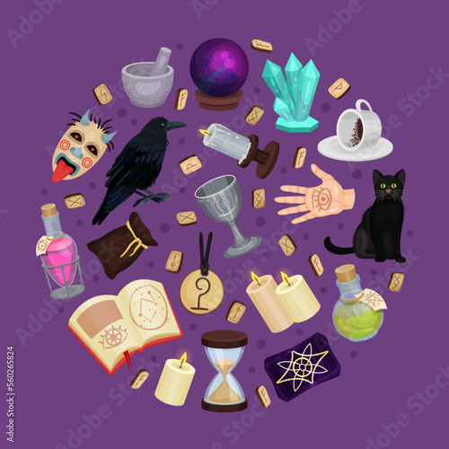 Divination and Fortune Telling Round Composition with Magic Symbols Vector Template