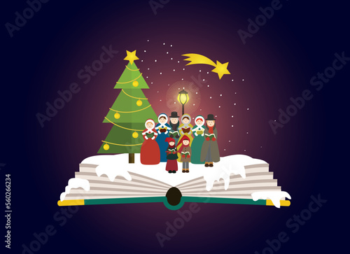 Imagination concept - christmas fairy tail story come out of a book. Book shop christmas. Sleeping town with santa's sleight on the sky. Perfect for book shop, publishing house, school. Winter time. 
