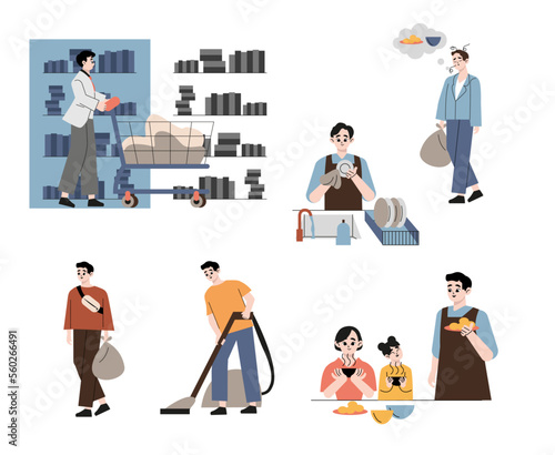 Housework set vector isolated. Collection of men doing house work. Vacuum cleaning, cooking, wiping dust. Male characters cleaning
