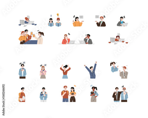 Student life. Young people activities. Guys and girls study at lectures or seminars at university. College learner group. Classmates relax and celebrate graduation. Vector scenes set