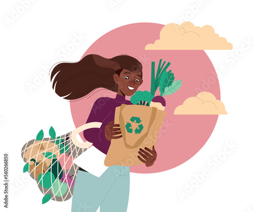 Woman Carrying Reusable Shopping Bags as Ecology and Planet Care Vector Illustration