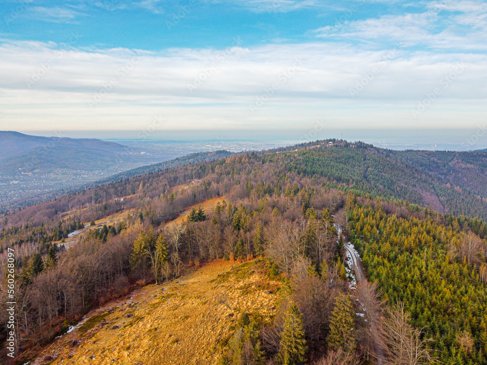 View of mountain trails in autumn from the drone