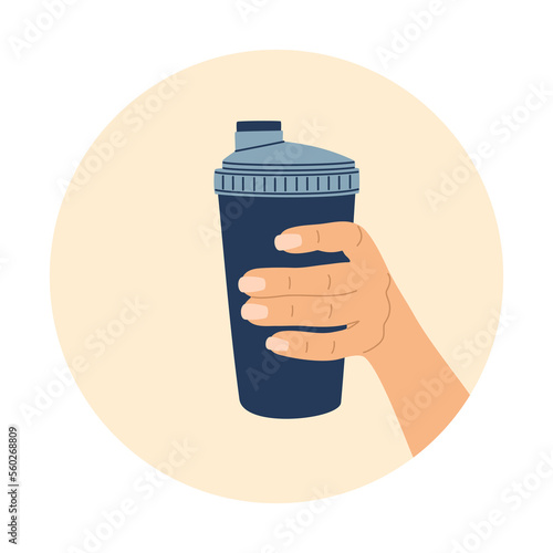 Hand holding shaker. Fitness container for energy beverage. Blue mug for protein cocktail. Hand drawn vector illustration isolated on background. Flat cartoon style.