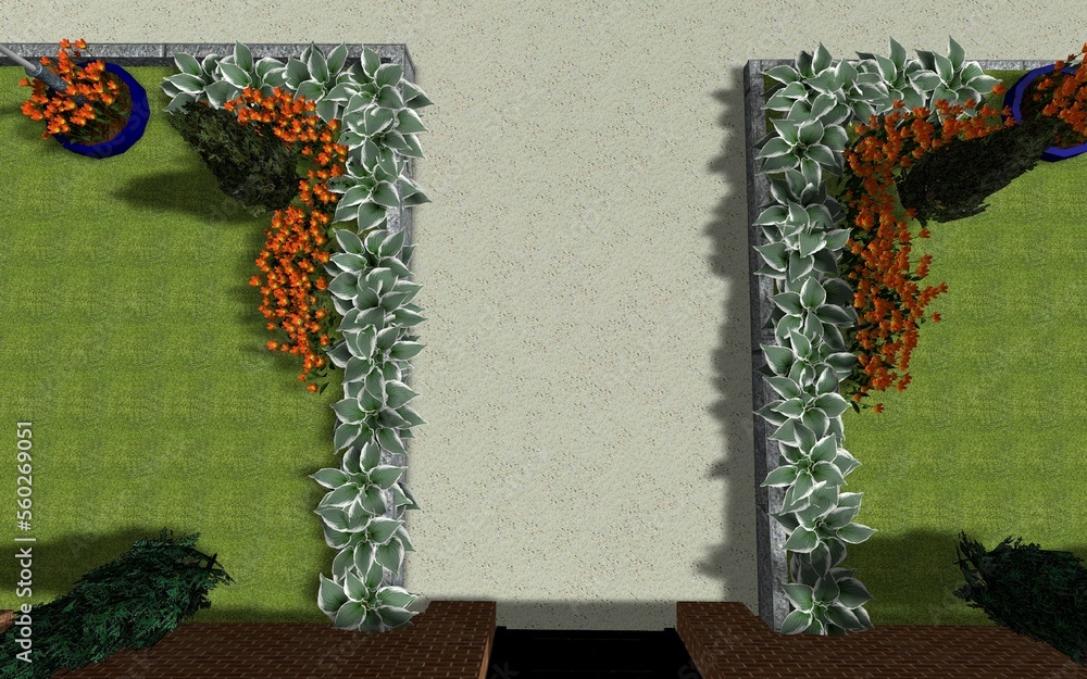 Garden plot design. A stepbystep path made of tiles around the