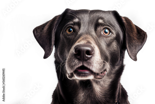 Close up portrait cute funny gray black brown dog smiling on isolated white background. A beautiful dog photo for advertises.