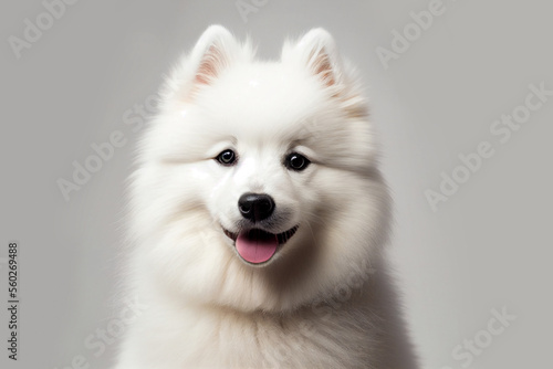 Close up portrait of cute furry Samoyed puppy isolated on White background.