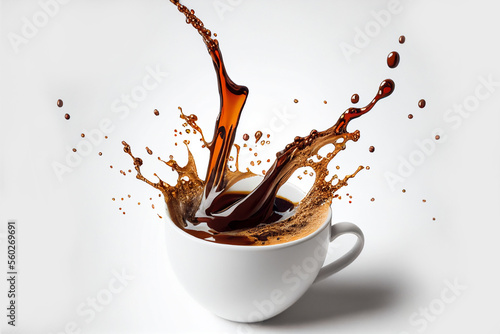 Close up shot of cup of coffee with pouring and splashing coffee on white background with clipping path. Full depth of field.