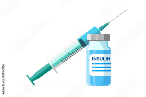 Insulin ampoule with injection syringe. Diabetes control concept. Medical shot for diabetic patients. Medicine bottle for people with high blood sugar. Vector isolated illustration