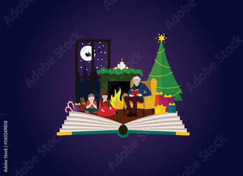 Imagination concept -  grandad reading christams story to children.  Fairy tale story comming out of a book.
 photo