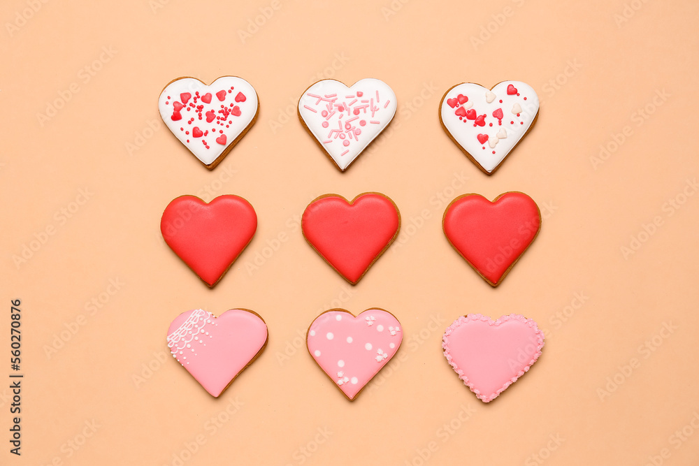 Composition with tasty heart shaped cookies on color background. Valentine's Day celebration