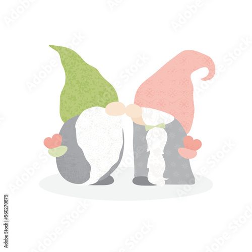 Two gnomes nose kissing and holding hearts for each other.
